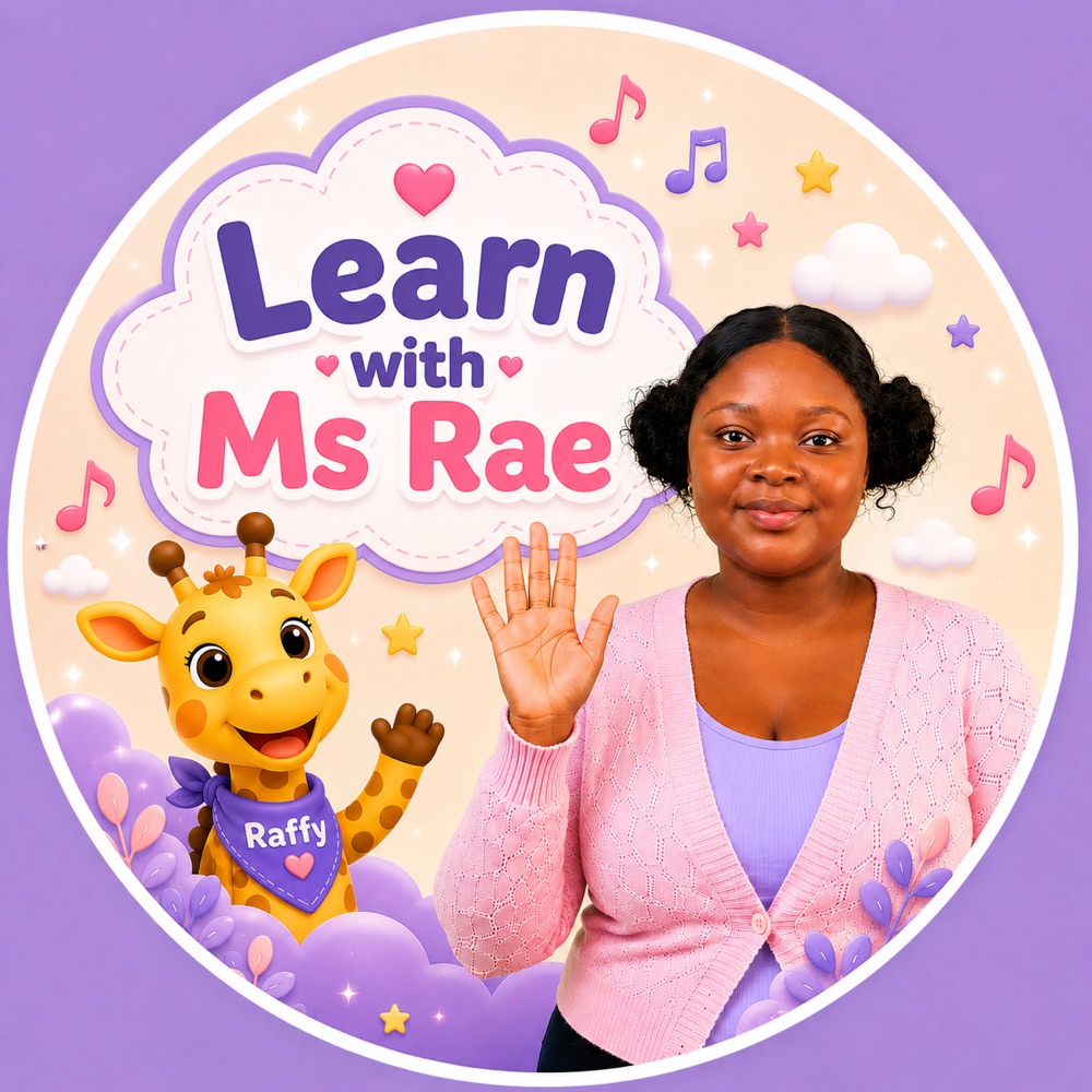 Ms Rae waving hello next to Raffy the giraffe