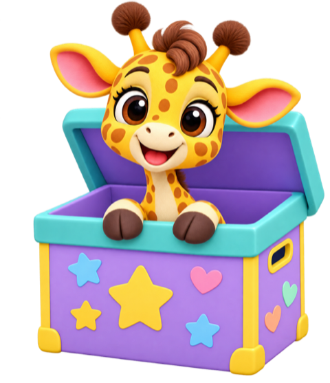 Raffy the giraffe popping out of his toy box
